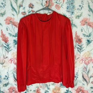 Vintage Esprit Red Pleated Long Sleeve Blouse with Mandarin Collar